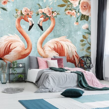 Romantikus flamingós fotótapéta rózsavirágokkal