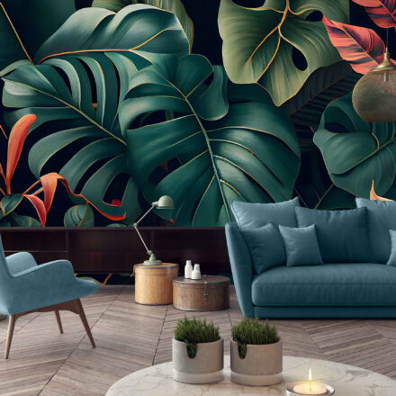 Egzotikus pálmalevél mintás fotótapéta sötét színkombinációban