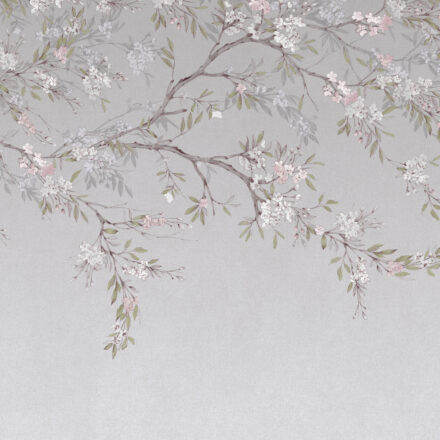 Szürke fotótapéta rózsaszín virágos faág mintával