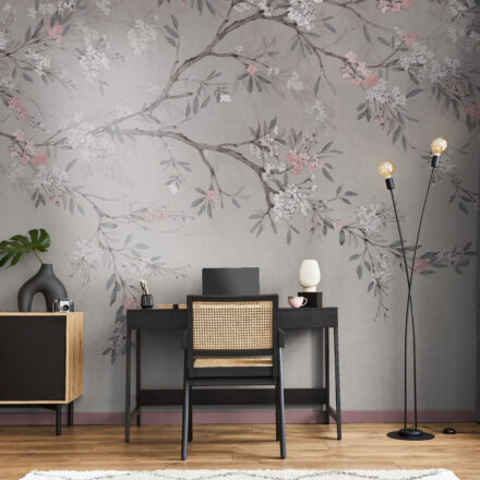 Szürke fotótapéta virágos faág mintával