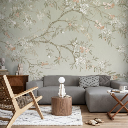 Zöld fotótapéta virágos faág mintával