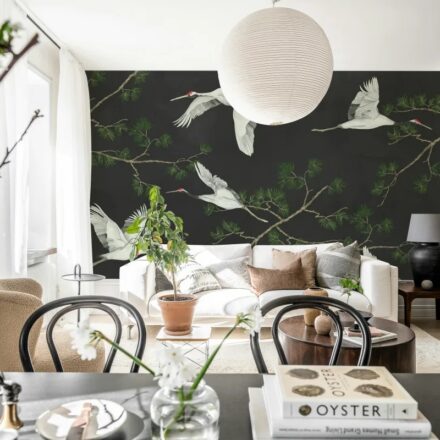 Fekete orientális stílusú fotótapéta kecses darumadarakkal