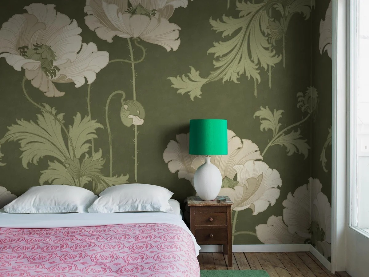 Zöld skandináv fotótapéta pipacsvirágokkal BOR0036 (1)