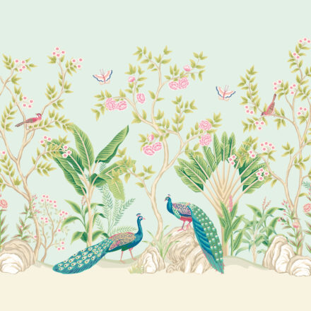 Halvány kék fotótapéta páva mintával és virágzó kerttel OM0284 (4)