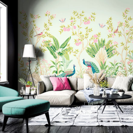 Halvány kék fotótapéta páva mintával és virágzó kerttel