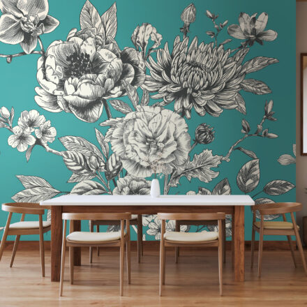 Türkizkék romantikus rózsás fotótapéta toile stílusban