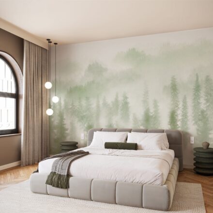 Ködös fenyőerdő fotótapéta zöld tónusokkal