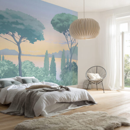 Mediterrán tájkép ciprusokkal és fenyőkkel