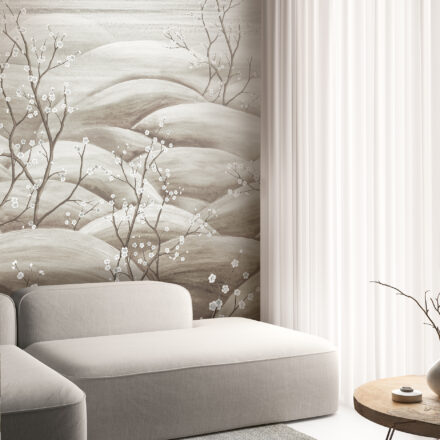 Orientális Khroma fotótapéta – szürke cseresznyevirágos dombvidék