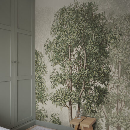 Skandináv rajzolt fa mintás fotótapéta zöldes árnyalatban