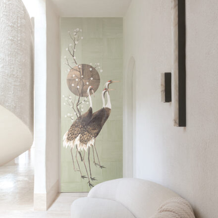 Zöldes szürke orientális fotótapéta darumadarakkal